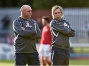 22 August 2014; Shelbourne manager Johnny McDonnell, left, and former Mayo footballer Conor Mortimer, fitness coach with Shelbourne, before the game. FAI Ford Cup, 3rd Round, St Patrick's Athletic v Shelbourne, Richmond Park, Dublin. Picture credit: David Maher / SPORTSFILE