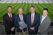 22 August 2014; Dr. Paddy Crowley, GP and founder of Mycro Sports, second from left, with, from left to right, former Cork hurler Ronan Curran, Dr. Con Murphy, Cork senior hurling and football team doctor, and current Kilkenny hurler Michael Rice in attendance at Dr. Paddy Crowley Thesis Presentation on his 25 year research and development programme on ‘The Prevention of Hurling and Camogie Related Head Injuries'. Croke Park, Dublin. Picture credit: Piaras O Midheach / SPORTSFILE