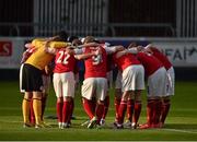 22 August 2014; The St Patrick's Athletic team in a huddle before the start of the game. FAI Ford Cup, 3rd Round, St Patrick's Athletic v Shelbourne, Richmond Park, Dublin. Picture credit: David Maher / SPORTSFILE
