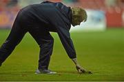 22 August 2014; Liam Buckley, St Patrick's Athletic manager, replaces a divot on the pitch. FAI Ford Cup, 3rd Round, St Patrick's Athletic v Shelbourne, Richmond Park, Dublin. Picture credit: David Maher / SPORTSFILE