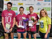 23 August 2014; Winner Andrew Douglas, Scotland, with third placed Thomas Fitzpatrick, Tallaght AC, left, second placed Michael Crawley, Durham Corstophine AC, right, and Leanne Sheil, Marketing Executive, SSE Airtricity, extreme right, after the Frank Duffy 10 Mile SSE Airtricity Dublin Race Series 2014. Phoenix Park, Dublin. Picture credit: Pat Murphy / SPORTSFILE