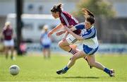 23 August 2014; Lucy Hannon, Galway, vies for possession with Yvonne Connell, Monaghan. TG4 All-Ireland Ladies Football Senior Championship, Quarter-Final, Galway v Monaghan, St Brendan's Park, Birr, Co. Offaly. Picture credit: Brendan Moran / SPORTSFILE