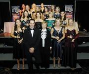 11 November 2006; At the 2006 Camogie All-Star Awards were, back row, from left, Imelda Kennedy, Kilkenny, Joanne Ryan, Tipperary, Louise O'Hara, Dublin, Jennifer O'Leary, Cork, 2nd row from back, from left, Rena Buckley, Cork, Veronica Curtin, Galway, Regina Glynn, Galway and Briege Corkery, Cork, 2nd row from front, from left, Gemma O'Connor, Cork, Kate Kelly, Wexford, Anna Geary, Cork and Suzanna Kelly, Tipperary, with front, from left, Philly Fogarty, Tipperary, Guest of Honour and Sydney Swans footballer Tadhg Kennelly, Liz Howard, President, Cumann Camogaiochta na nGael, Mary O'Connor, Cork and Jovita Delaney, Tipperary. Citywest Hotel, Dublin. Picture credit: Brendan Moran / SPORTSFILE