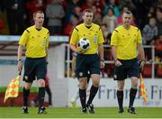 18 August 2014; Referee Paul McLaughlin, centre, with assistant referees Damien MacGraith, left, and Alan Sherlock. SSE Airtricity League Premier Division, Sligo Rovers v Dundalk, The Showgrounds, Sligo. Picture credit: Oliver McVeigh / SPORTSFILE