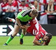 23 August 2014; James Hook, Gloucester Rugby, is spear tackled by Ivan Dineen, Munster. Dineen was subsequently shown a yellow card by referee Greg Garner. Pre-Season Friendly, Gloucester Rugby v Munster, Kingsholm, Gloucester, England. Picture credit: Matt Impey / SPORTSFILE