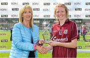 23 August 2014; Louise Ward, Galway, is presented with the Player of the Match by Helen O'Rourke, Chief Executive, Ladies Gaelic Football Association. TG4 All-Ireland Ladies Football Senior Championship, Quarter-Final, Galway v Monaghan, St Brendan's Park, Birr, Co. Offaly. Picture credit: Brendan Moran / SPORTSFILE