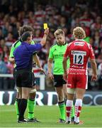 23 August 2014; Ivan Dineen, Munster, is shown a yellow card for a spear tackle on James Hook, Gloucester Rugby, by referee Greg Garner. Pre-Season Friendly, Gloucester Rugby v Munster, Kingsholm, Gloucester, England. Picture credit: Matt Impey / SPORTSFILE