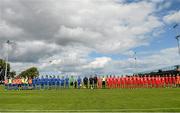 23 August 2014; Both teams stand for the national anthem ahead of the game. FAI Umbro Women's Under 16 Cup Final, Shelbourne FC v Peamount United FC, Jackson Park, Kiltiernan, Co. Dublin. Picture credit: Barry Cregg / SPORTSFILE