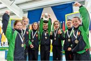 24 August 2014; Under 12 mixed Skittles gold medal winners from Hacketstown, Co.Carlow, representing Leinster are from left to right, Amy Roche, Sarah Byrne, Aibha Kieran, Niall Byrne, Leah Browne, Eoin Connolly and James Whelan. HSE Community Games August Festival 2014, Athlone Institute of Technology, Athlone, Co. Westmeath.  Picture credit: David Maher / SPORTSFILE