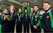 24 August 2014; Under12 mixed Skittles gold medal winners from Hacketstown, Co.Carlow, representing Leinster are from left to right, Amy Roche, Sarah Byrne, Aibha Kieran, Niall Byrne, Leah Browne, Eoin Connolly and James Whelan. HSE Community Games August Festival 2014, Athlone Institute of Technology, Athlone, Co. Westmeath.  Picture credit: David Maher / SPORTSFILE