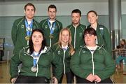 24 August 2014; Team Ireland athletes from top left: Jason Smyth, from Eglinton, Co. Derry; Michael McKillop, from Newtownabbey, Co. Antrim; Andrew Flynn, from Stepaside, Dublin, and Heather Jameson, from Garristown, Co. Dublin. Bottom row, from left: Orla Barry, from Ladysbridge, Cork; Catherine O'Neill, from New Ross, Wexford; and Lorraine Regan, from Kilcormac, Co. Offaly, pictured on their return at Dublin Airport from the 2014 IPC Athletics European Championships in Wales. Dublin Airport, Dublin. Picture credit: Barry Cregg / SPORTSFILE