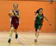 24 August 2014; Alex Mulligan, left, Donagh, Co.Monaghan, representing Ulster, in action against Tara Gunning, Milltown/Emper/Moyvore, Co.Westmeath, representing Leinster,  in the playhoff of the Basketball Girls Under 13. HSE Community Games August Festival 2014, Athlone Institute of Technology, Athlone, Co. Westmeath.  Picture credit: David Maher / SPORTSFILE
