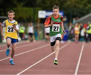 24 August 2014; Dylan Thornton, Quay, Co.Mayo, right, and David McDonnell, Strokestown, Co.Roscommon, in action during the semi Final of the Boys U.12 100metres . HSE Community Games August Festival 2014, Athlone Institute of Technology, Athlone, Co. Westmeath.  Picture credit: David Maher / SPORTSFILE
