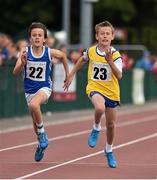 24 August 2014; David McDonnell, Strokestown, Co.Roscommon, right, and Sean Hickey, Ballyduff, Co.Waterford, in action during the semi Final of the Boys U.12 100metres . HSE Community Games August Festival 2014, Athlone Institute of Technology, Athlone, Co. Westmeath.  Picture credit: David Maher / SPORTSFILE