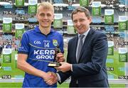 24 August 2014; Jim Dollard, Executive Director, Electric Ireland, proud sponsor of the GAA All-Ireland Minor Championships, presents Killian Spillane, from Kerry, with the player of the match award for his outstanding performance in the Electric Ireland GAA Football All Ireland Minor Championship Semi-Final, Kerry v Mayo, Croke Park, Dublin. Picture credit: Brendan Moran / SPORTSFILE