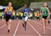 24 August 2014; Yemi Talabi, Mostrim, Co.Longford, centre, with Sabia Doyle, Clonard, Co.Wexford, left, and Holly Meredith, Newcastle West, Co.Limerick, in action  during the semi Final of the Girls U.12 100metres. HSE Community Games August Festival 2014, Athlone Institute of Technology, Athlone, Co. Westmeath.  Picture credit: David Maher / SPORTSFILE