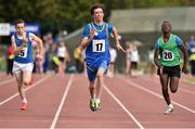 24 August 2014; Ben Mooney, Little Bray, Co.Wicklow, centre, with Cian Nolan, Kenagh, Co.Longford, left, and Tony Mambouana, Regional, Co.Limerick, in action during the semi Final of the Boys U.14 100 metres. HSE Community Games August Festival 2014, Athlone Institute of Technology, Athlone, Co. Westmeath.  Picture credit: David Maher / SPORTSFILE