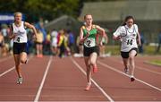 24 August 2014; Chloe Hayden, Askea, Co.Carlow, centre, with Eve Murphy, Bantry, Co.Cork, left, and Kelly Doyle, Tubbercurry, Co.Sligo, in action during the semi Final of the Girls U.14 100 metres. HSE Community Games August Festival 2014, Athlone Institute of Technology, Athlone, Co. Westmeath.  Picture credit: David Maher / SPORTSFILE