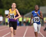 24 August 2014; Sabia Doyle, Clonard, Co. Wexford, left,  with Yemi Talabi,  Mostrim, Co. Longford, in action during the semi Final of the Girls U.12 100 metres. HSE Community Games August Festival 2014, Athlone Institute of Technology, Athlone, Co. Westmeath.  Picture credit: David Maher / SPORTSFILE