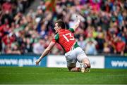 24 August 2014; Mayo's Cillian O'Connor, reacts after being tackled by Kerry goalkeeper Brian Kelly. GAA Football All-Ireland Senior Championship, Semi-Final, Kerry v Mayo, Croke Park, Dublin. Picture credit: Brendan Moran / SPORTSFILE