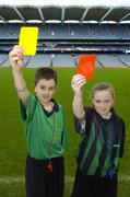 14 November 2006; Allianz Cumann na mBunscoil young whistlers Dean Fitzpatrick and Nicola Carroll attend the launch of the new refereeing initiative - the National Referee Recruitment Campaign. Croke Park, Dublin. Picture credit: Damien Eagers / SPORTSFILE
