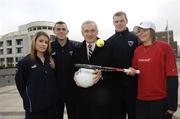 17 November 2006; An Taoiseach Bertie Ahern, T.D. today launched the DCU Sports Academy. With An Taoiseach Bertie Ahern T.D. at the launch are DCU students Linda Byrne, Athletics, left, captain of DCU football team and Dublin footballer Paul Casey, second from left, vice-captain of DCU and Monaghan footballer Owen Lennon, and Lynsey McCullough, tennis .DCU is establishing an Academy for three elite sports, Gaelic Football, Athletics and in association with Tennis Ireland, Tennis. The Academy will offer a comprehensive support environment for up to 100 students in the chosen sports. The Helix, Dublin City University, Dublin. Picture credit: Brian Lawless / SPORTSFILE