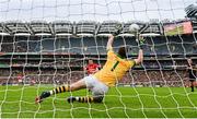 24 August 2014; Cillian O'Connor, Mayo, shoots to score his side's goal, from a penalty, past Kerry goalkeeper Brian Kelly. GAA Football All-Ireland Senior Championship, Semi-Final, Kerry v Mayo, Croke Park, Dublin. Picture credit: Stephen McCarthy / SPORTSFILE
