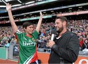 24 August 2014; Rose of Tralee Maria Walsh, wearing a signed Mayo jersey with MC Keith Duffy, representing Irish Autism, during half-time as part of the GAA Inclusion Day. GAA Football All-Ireland Senior Championship, Semi-Final, Kerry v Mayo, Croke Park, Dublin. Picture credit: Brendan Moran / SPORTSFILE