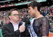 24 August 2014; Rose of Tralee Maria Walsh is interviewed by MC Michael Gannon representing Down Syndrome Ireland during half-time as part of the GAA Inclusion Day. GAA Football All-Ireland Senior Championship, Semi-Final, Kerry v Mayo, Croke Park, Dublin. Picture credit: Brendan Moran / SPORTSFILE