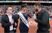 24 August 2014; Rose of Tralee Maria Walsh with MC's Michael Gannon, left, representing Down Syndrome Ireland, and Keith Duffy, representing Irish Autism, during half-time as part of the GAA Inclusion Day. GAA Football All-Ireland Senior Championship, Semi-Final, Kerry v Mayo, Croke Park, Dublin. Picture credit: Brendan Moran / SPORTSFILE
