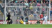 24 August 2014; Cillian O'Connor, 13, Mayo, beats Kerry goalkeeper Brian Kelly to score his side's only goal from a penalty. GAA Football All-Ireland Senior Championship, Semi-Final, Kerry v Mayo, Croke Park, Dublin. Picture credit: Brendan Moran / SPORTSFILE