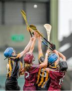 24 August 2014; Mairead Power, left, and Claire Phelan, Kilkenny, contest a high ball with Aislinn Connolly, left, and Emer Haverty, Galway. Liberty Insurance All-Ireland Senior Camogie Championship Semi-Final, Galway v Kilkenny. Gaelic Grounds, Limerick. Picture credit: Diarmuid Greene / SPORTSFILE