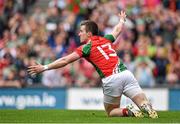 24 August 2014; Mayo's Cillian O'Connor, reacts after being tackled by Kerry goalkeeper Brian Kelly. GAA Football All-Ireland Senior Championship, Semi-Final, Kerry v Mayo, Croke Park, Dublin. Picture credit: Brendan Moran / SPORTSFILE