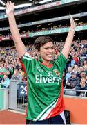 24 August 2014; Rose of Tralee Maria Walsh wearing a signed Mayo jersey during half-time as part of the GAA Inclusion Day. GAA Football All-Ireland Senior Championship, Semi-Final, Kerry v Mayo, Croke Park, Dublin. Picture credit: Brendan Moran / SPORTSFILE