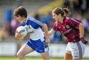 23 August 2014; Cora Courtney, Monaghan, in action against Lorna Joyce, Galway. TG4 All-Ireland Ladies Football Senior Championship, Quarter-Final, Galway v Monaghan, St Brendan's Park, Birr, Co. Offaly. Picture credit: Brendan Moran / SPORTSFILE