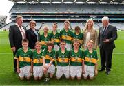 24 August 2014; Sean McMahon, President INTO, Mairéad O'Callaghan, Secretary, Cummann na mBunscol, Helen O'Rourke, Chief Executive, Ladies Gaelic Football Association, and Aogán Ó Fearghail, Uachtarán-Tofá of the GAA, with the Kerry team, back row, from left, Olan Walsh, Newcestown, Bandon, Cork, Colin Byrne, Newtown Dunleckney N.S, Bengalstown, Carlow, Darragh French, Beechwood Park, Ballinlough, Cork, and Aogán Smyth, Ballybay, Monaghan; front row, from left, Ronan Kelleher, Lismore, Waterford, Darragh Griffin, Dobbin Close, Belmont, London, Cormac O Brien, Tinryland, Carlow, Dillon Dunphy, Ballycarnane, Tramore, Waterford, Mark O Connor, Baile Gaelach, Clonmel, Tipperary, and Eoin Power, Dualla, Cashel, Tipperary. INTO/RESPECT Exhibition GoGames, Croke Park, Dublin. Picture credit: Ray McManus / SPORTSFILE