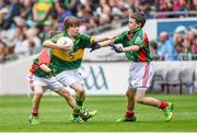 24 August 2014; Cormac O'Brien, Tinryland, Co. Carlow, representing Kerry, in action against Fionn Connolly, Dromore West, Co. Sligo, left, and Sam Barnes, Carrick-on-Shannon, Co. Leitrim, representing Mayo. INTO/RESPECT Exhibition GoGames, Croke Park, Dublin. Picture credit: Ramsey Cardy / SPORTSFILE