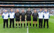24 August 2014; Referee Sean Hurson, with his linesmen, Ciaran Branagan and John Hickey, sideline official Fergal Barry and umpires, including Mel Taggart, Martin Coney, Martin Conway and Cathal Forbes. Electric Ireland GAA Football All Ireland Minor Championship, Semi-Final, Kerry v Mayo, Croke Park, Dublin. Picture credit: Brendan Moran / SPORTSFILE