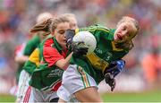 24 August 2014; Anna Clifford, Fossa N.S, Killarney, Kerry, representing Kerry, in action against Louise McGeer, Grangecon N.S, Wicklow, representingMayo. INTO/RESPECT Exhibition GoGames, Croke Park, Dublin. Picture credit: Stephen McCarthy / SPORTSFILE
