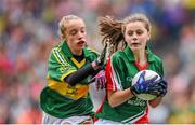 24 August 2014; Louise McGeer, Grangecon N.S, Wicklow, representing Mayo, in action against Anna Clifford, Fossa N.S, Killarney, Kerry, representing Kerry. INTO/RESPECT Exhibition GoGames, Croke Park, Dublin. Picture credit: Stephen McCarthy / SPORTSFILE