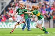 24 August 2014; Katie McGuire, Hollywood N.S, Hollywood, Blessington, Wicklow, representing Mayo, in action against Kayla O’Connor, Killmurry N.S, Cordal, Castle Island, Kerry, representing Kerry. INTO/RESPECT Exhibition GoGames, Croke Park, Dublin. Picture credit: Stephen McCarthy / SPORTSFILE