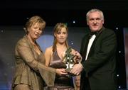 18 November 2006; Sinead O'Mahony, Dublin, receives her Leinster Young Player of the Year award from An Taoiseach Bertie Ahern, TD, and Geraldine Giles, President, Cumann Peil Gael na mBan, at the 2006 TG4 / O'Neills Ladies Gaelic Football All-Star Awards. Citywest Hotel, Dublin. Picture credit: Brendan Moran / SPORTSFILE