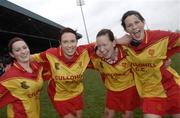 19 November 2006; Harps players, left to right, Patricia Dunphy, Erinne Dunne, Catriona Phelan, and Aine Mahony, celebrate after the match. All-Ireland Junior Camogie Championship Final, Harps v Keady, O'Moore Park, Portlaoise, Co. Laois. Picture credit: Brian Lawless / SPORTSFILE