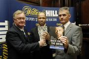 20 November 2006; Pictured at the announcement that 'Back from the Brink, the Paul McGrath autobiography, is the inaugrual winner of the William Hill Sports Book of the Year are; John O’Donoghue, T.D., Paul McGrath, and Irish Independent journalist Vincent Hogan, right. The award was presented in Easons Bookstore, Dawson Street, Dublin. Picture credit: Ray McManus / SPORTSFILE