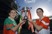 21 November 2006; Martha Carter, left, captain of Carnacon, Mayo, who will play in the Senior Cup, Fiona Courtney, captain of Donaghmoyne, Monaghan, pictured at the Vhi Healthcare All-Ireland Ladies Club Final Captains Day. Croke Park, Dublin. Picture credit: David Maher / SPORTSFILE