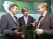 22 November 2006; FAI Technical Director Packie Bonner, left, with FAI Chief Executive John Delaney, centre, and Republic of Ireland manager Steve Staunton at the launch of the &quot;Emerging Talent Programme&quot; by the Football Association of Ireland. The FAI Technical Development Plan, which was launched in May 2004, represents a new approach to developing players with the emphasis on a long-term and co-ordinated method of development. The Technical Development Plan positions the Emerging Talent Programme as one of the key strategic developments for Irish football. Clarion Hotel, Dublin Airport, Dublin. Picture credit: David Maher / SPORTSFILE