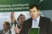 22 November 2006; FAI Technical Director Packie Bonner speaking at the launch of the &quot;Emerging Talent Programme&quot; by the Football Association of Ireland. The FAI Technical Development Plan, which was launched in May 2004, represents a new approach to developing players with the emphasis on a long-term and co-ordinated method of development. The Technical Development Plan positions the Emerging Talent Programme as one of the key strategic developments for Irish football. Clarion Hotel, Dublin Airport, Dublin. Picture credit: David Maher / SPORTSFILE