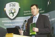 22 November 2006; FAI Technical Director, Packie Bonner, speaking at the launch of the &quot;Emerging Talent Programme&quot; by the Football Association of Ireland. The FAI Technical Development Plan, which was launched in May 2004, represents a new approach to developing players with the emphasis on a long-term and co-ordinated method of development. The Technical Development Plan positions the Emerging Talent Programme as one of the key strategic developments for Irish football. Clarion Hotel, Dublin Airport, Dublin. Picture credit: David Maher / SPORTSFILE