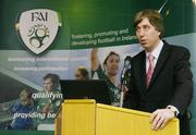 22 November 2006; FAI Chief Executive John Delaney, speaking at the launch of the &quot;Emerging Talent Programme&quot; by the Football Association of Ireland. The FAI Technical Development Plan, which was launched in May 2004, represents a new approach to developing players with the emphasis on a long-term and co-ordinated method of development. The Technical Development Plan positions the Emerging Talent Programme as one of the key strategic developments for Irish football. Clarion Hotel, Dublin Airport, Dublin. Picture credit: David Maher / SPORTSFILE