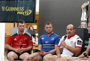 26 August 2014; Provincial captains, from left, Munster's Peter O'Mahony, Leinster's Jamie Heaslip and Ulster's Rory Best at the Guinness PRO12 Season Launch, Diageo Head Office, Park Royal, London. Picture credit: Matt Impey / SPORTSFILE
